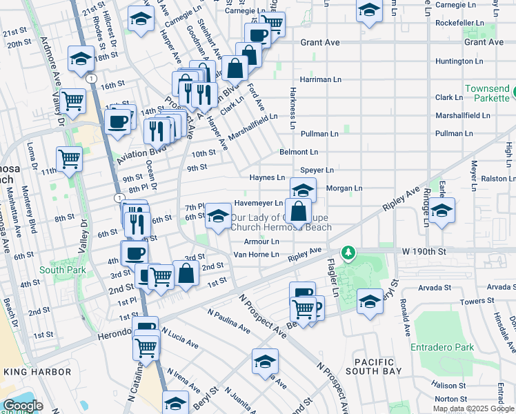 map of restaurants, bars, coffee shops, grocery stores, and more near 1646 Havemeyer Lane in Redondo Beach