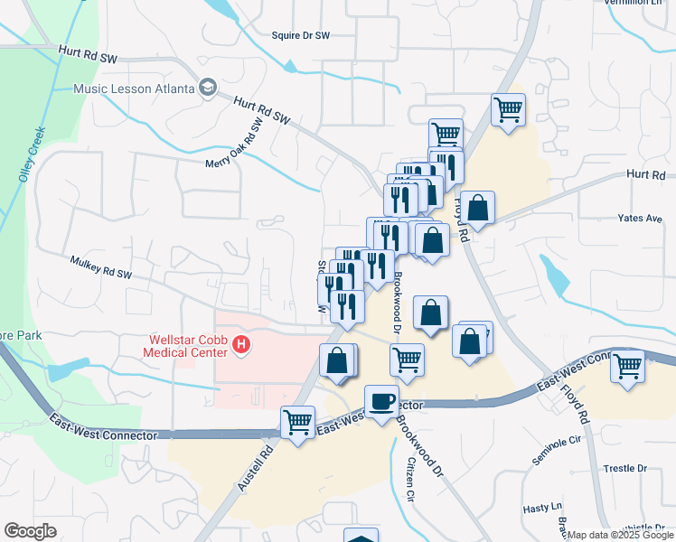 map of restaurants, bars, coffee shops, grocery stores, and more near 1581 Blue Ridge Drive Southwest in Marietta