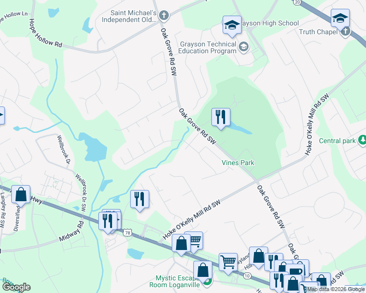 map of restaurants, bars, coffee shops, grocery stores, and more near 120 Lake Valley Drive Southwest in Loganville