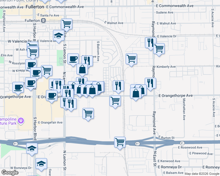 map of restaurants, bars, coffee shops, grocery stores, and more near 42 Elm Via in Anaheim