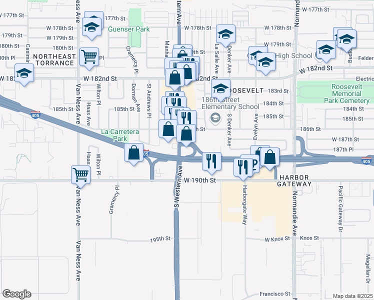 map of restaurants, bars, coffee shops, grocery stores, and more near 18726 Western Avenue in Gardena