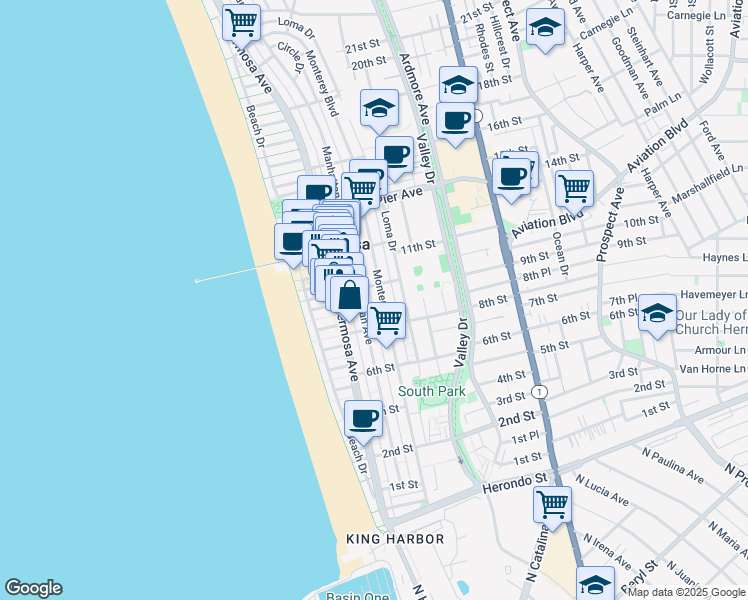 map of restaurants, bars, coffee shops, grocery stores, and more near 918 Bayview Drive in Hermosa Beach