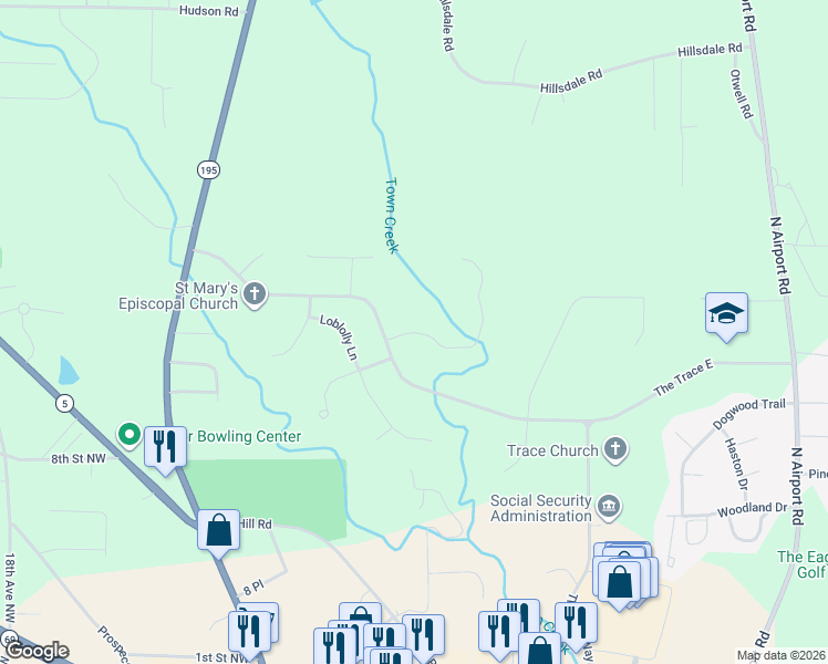 map of restaurants, bars, coffee shops, grocery stores, and more near 436 Huntington Trce in Jasper