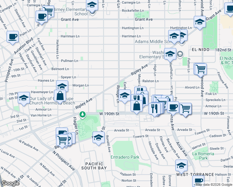 map of restaurants, bars, coffee shops, grocery stores, and more near 525 Earle Lane in Redondo Beach
