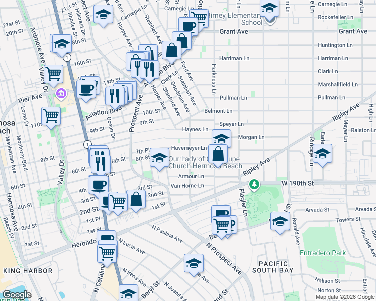 map of restaurants, bars, coffee shops, grocery stores, and more near 1646 Havemeyer Lane in Redondo Beach