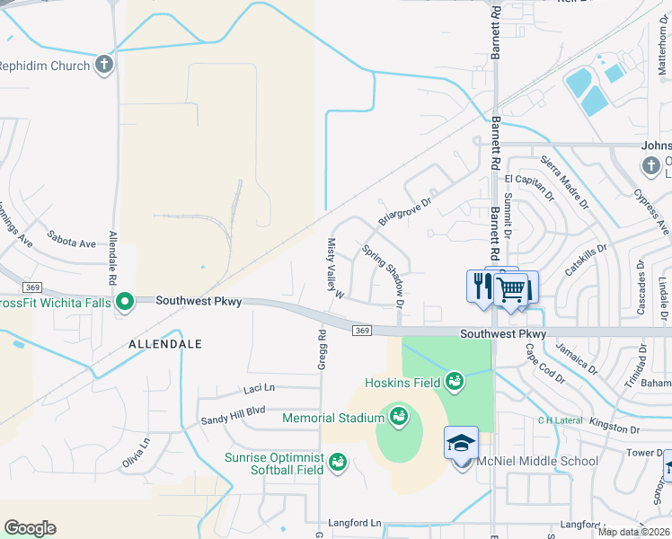 map of restaurants, bars, coffee shops, grocery stores, and more near 4602 Misty Valley West in Wichita Falls