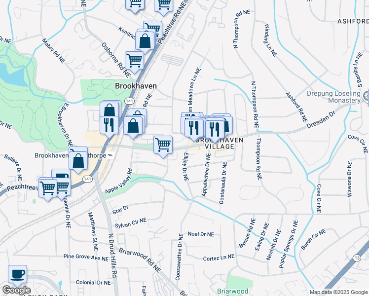 map of restaurants, bars, coffee shops, grocery stores, and more near 1377 Dresden Drive in Atlanta