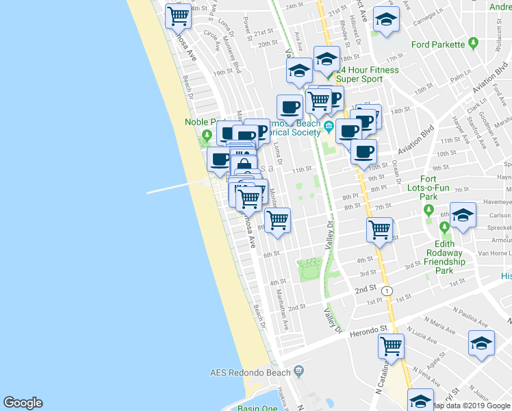 map of restaurants, bars, coffee shops, grocery stores, and more near 931 Manhattan Avenue in Hermosa Beach