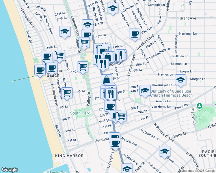 map of restaurants, bars, coffee shops, grocery stores, and more near 809 California 1 in Hermosa Beach