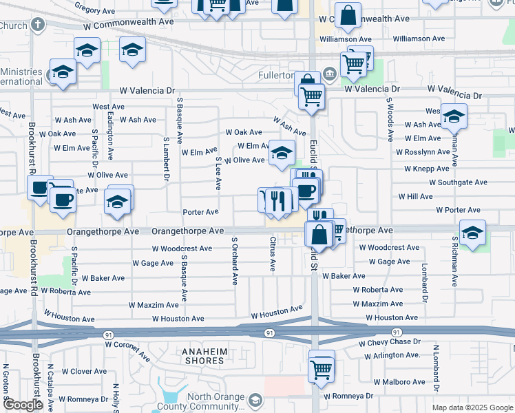 map of restaurants, bars, coffee shops, grocery stores, and more near 1137 West Porter Avenue in Fullerton
