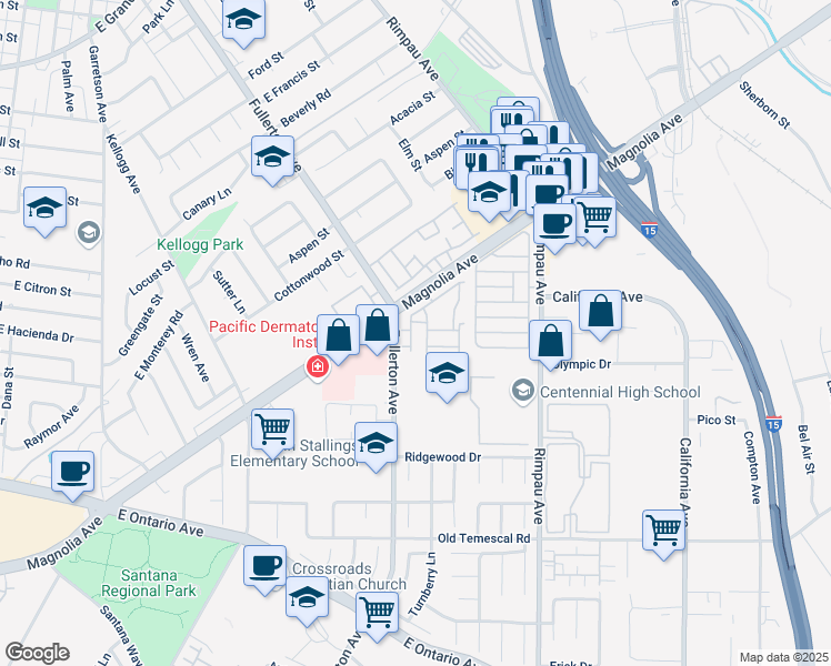 map of restaurants, bars, coffee shops, grocery stores, and more near in Corona