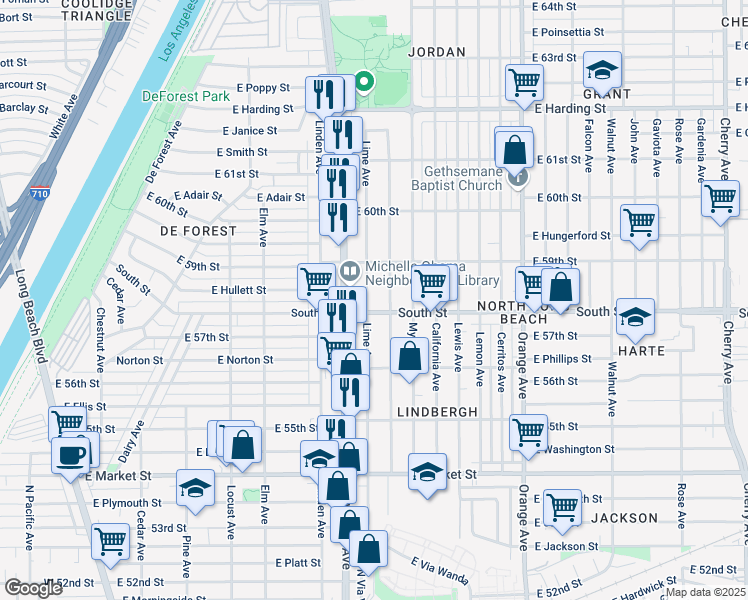map of restaurants, bars, coffee shops, grocery stores, and more near 5840 Lime Avenue in Long Beach