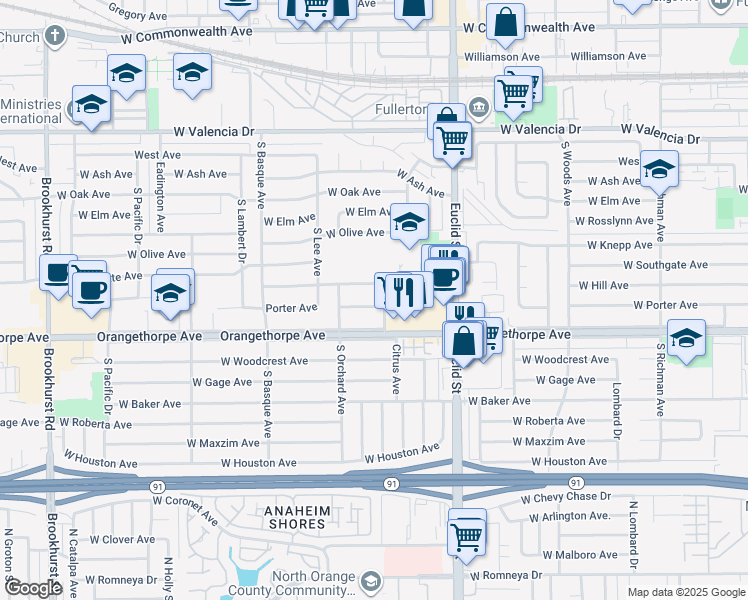 map of restaurants, bars, coffee shops, grocery stores, and more near 1137 West Porter Avenue in Fullerton