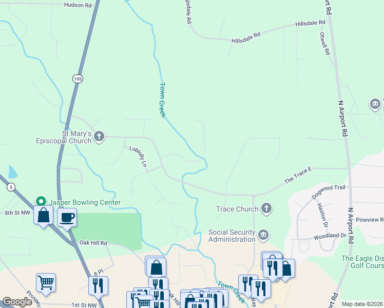 map of restaurants, bars, coffee shops, grocery stores, and more near 436-598 Huntington Trce in Jasper
