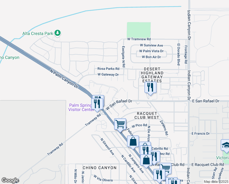 map of restaurants, bars, coffee shops, grocery stores, and more near 16 Ashby Circle in Palm Springs