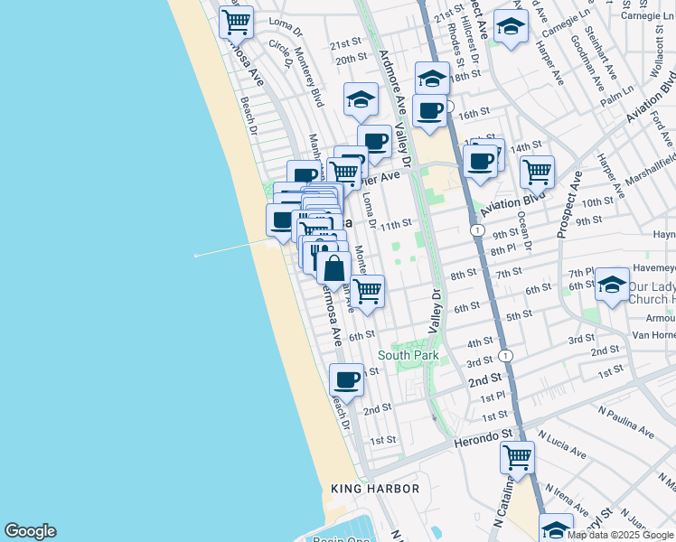 map of restaurants, bars, coffee shops, grocery stores, and more near 931 Manhattan Avenue in Hermosa Beach