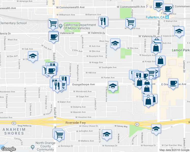 map of restaurants, bars, coffee shops, grocery stores, and more near 541 West Porter Avenue in Fullerton