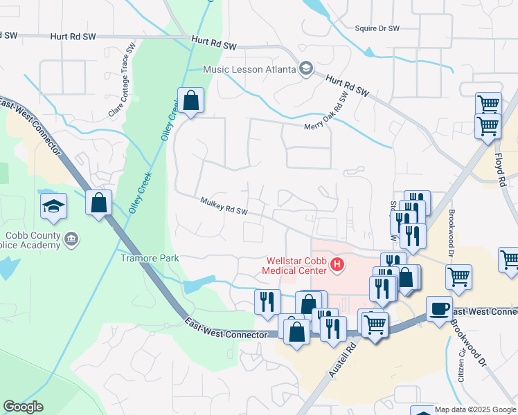 map of restaurants, bars, coffee shops, grocery stores, and more near 3700 Mulkey Circle Southwest in Austell