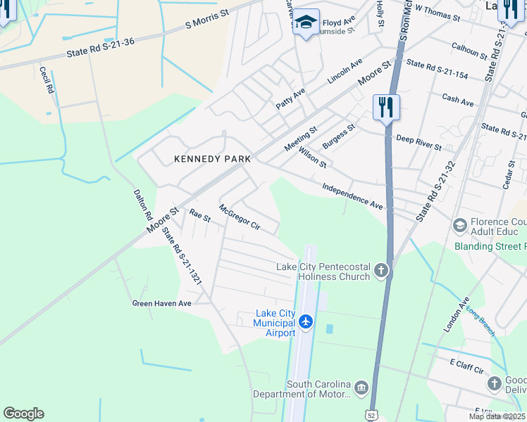 map of restaurants, bars, coffee shops, grocery stores, and more near 121 Redus Barr Street in Lake City