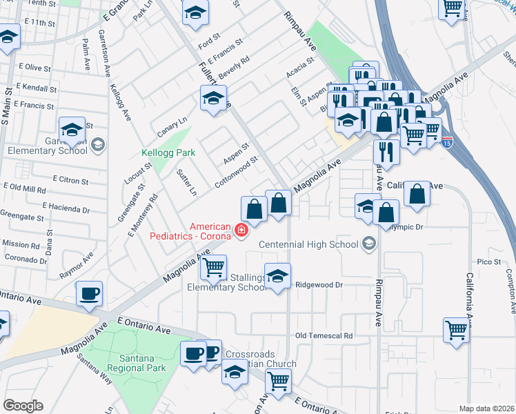 map of restaurants, bars, coffee shops, grocery stores, and more near 828 Tangerine Street in Corona