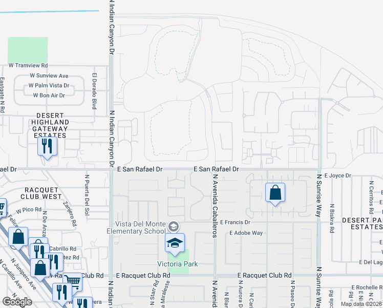 map of restaurants, bars, coffee shops, grocery stores, and more near 3343 Brando Lane in Palm Springs