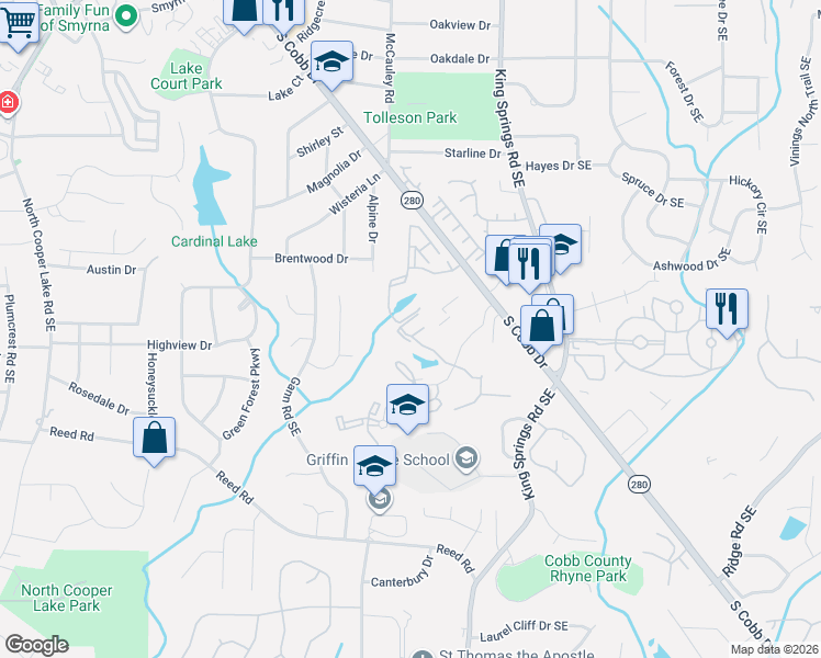 map of restaurants, bars, coffee shops, grocery stores, and more near 1104 Mill Pond Court Southeast in Smyrna