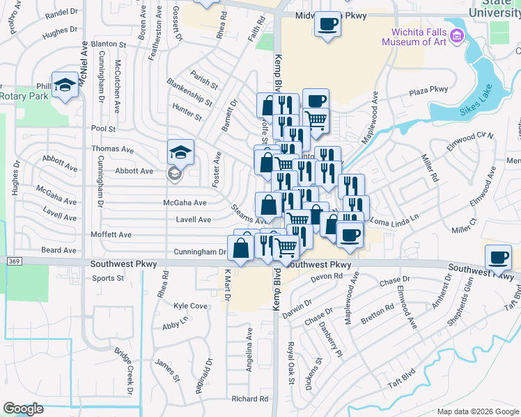 map of restaurants, bars, coffee shops, grocery stores, and more near 2824 Featherston Avenue in Wichita Falls