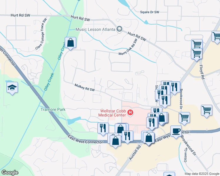 map of restaurants, bars, coffee shops, grocery stores, and more near 3888 Mulkey Circle Southwest in Marietta
