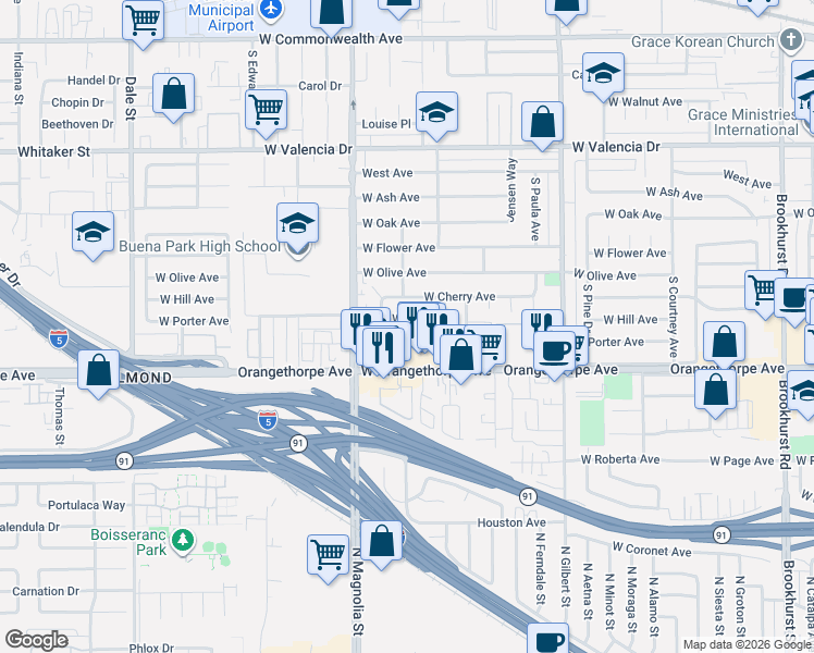 map of restaurants, bars, coffee shops, grocery stores, and more near 2641 West Hill Avenue in Fullerton