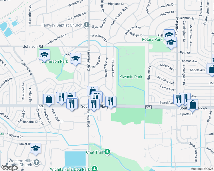 map of restaurants, bars, coffee shops, grocery stores, and more near 4648 University Avenue in Wichita Falls