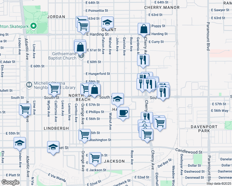 map of restaurants, bars, coffee shops, grocery stores, and more near 5821 North John Avenue in Long Beach