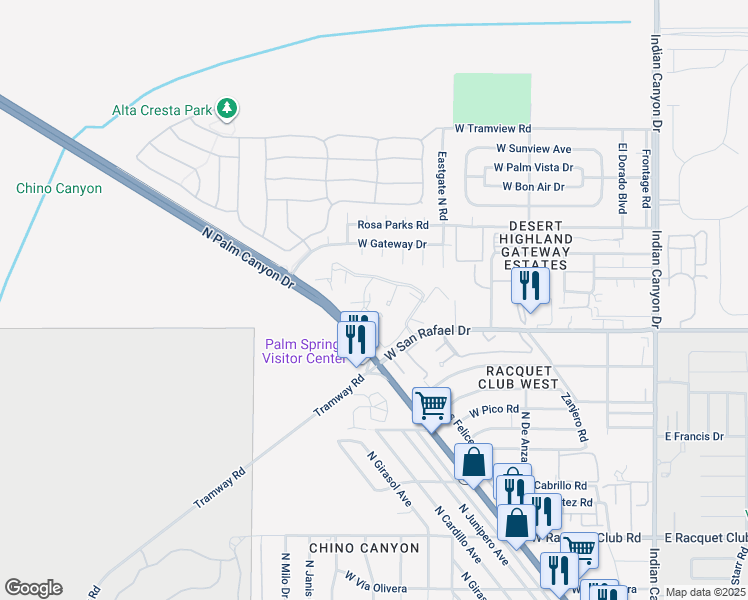 map of restaurants, bars, coffee shops, grocery stores, and more near 685 North Ashurst Court in Palm Springs