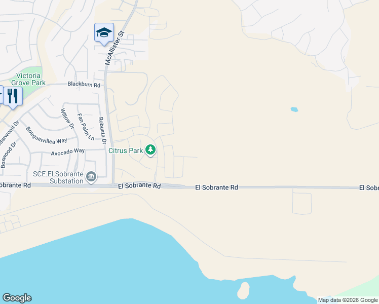 map of restaurants, bars, coffee shops, grocery stores, and more near 13220 El Sobrante Road in Riverside