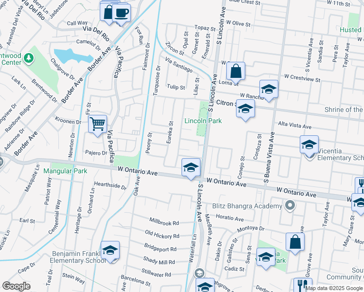 map of restaurants, bars, coffee shops, grocery stores, and more near 1140 Daffodil Street in Corona