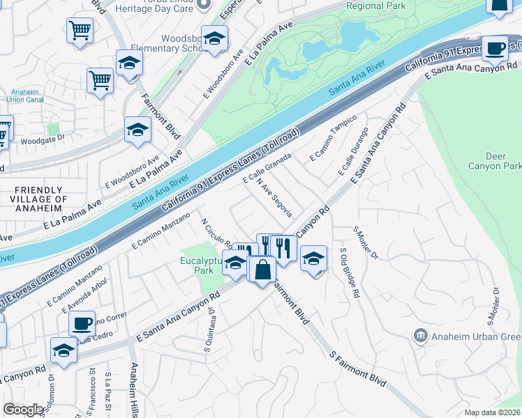 map of restaurants, bars, coffee shops, grocery stores, and more near 211 North Avenue Malaga in Anaheim