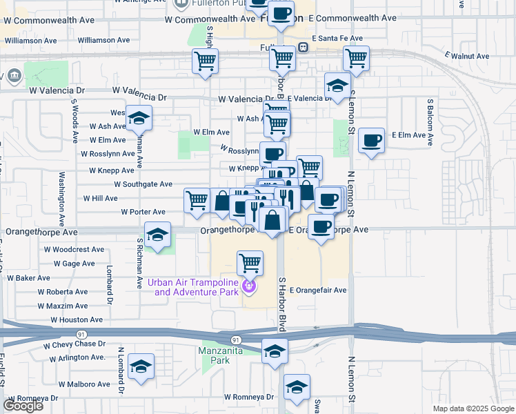 map of restaurants, bars, coffee shops, grocery stores, and more near 140 West Hill Avenue in Fullerton