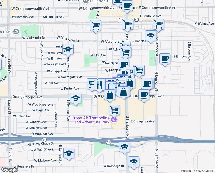 map of restaurants, bars, coffee shops, grocery stores, and more near 162 West Hill Avenue in Fullerton