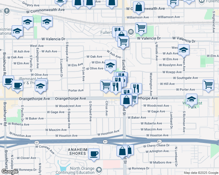 map of restaurants, bars, coffee shops, grocery stores, and more near 1042 West Hill Avenue in Fullerton