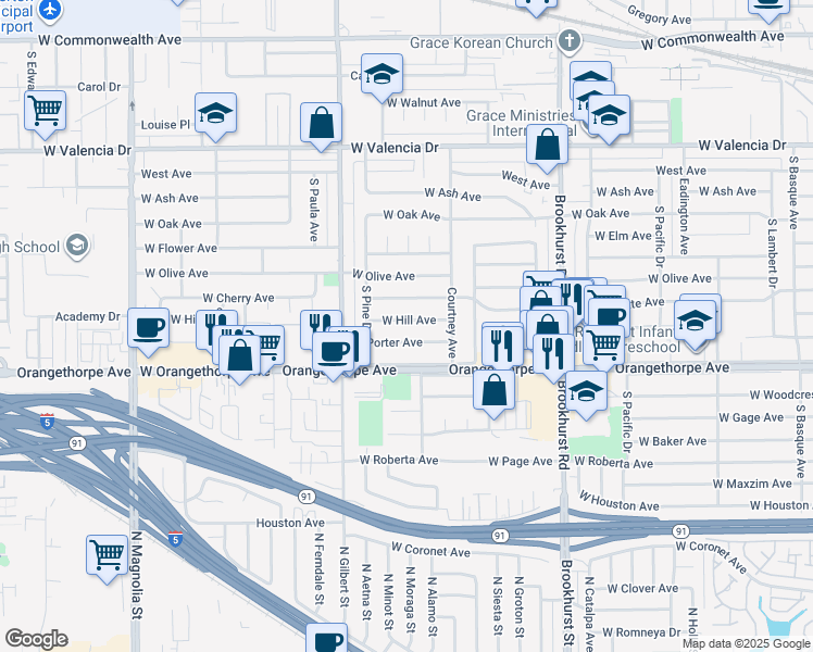 map of restaurants, bars, coffee shops, grocery stores, and more near 2119 West Hill Avenue in Fullerton