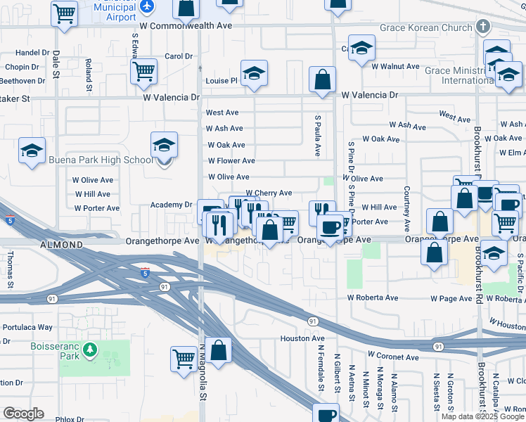 map of restaurants, bars, coffee shops, grocery stores, and more near 1013 Nicklett Avenue in Fullerton