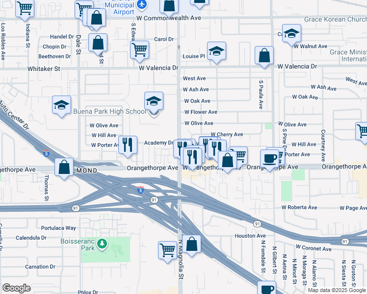map of restaurants, bars, coffee shops, grocery stores, and more near 1010 South Magnolia Avenue in Fullerton