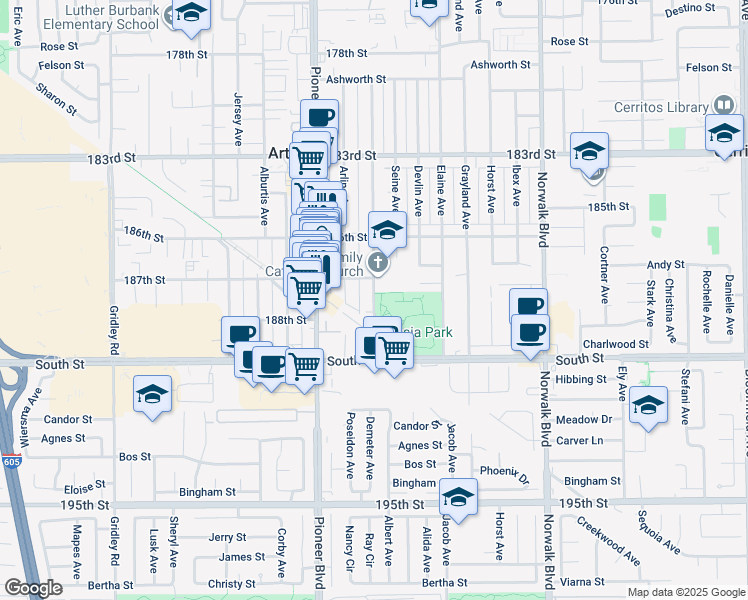 map of restaurants, bars, coffee shops, grocery stores, and more near 18713 Clarkdale Avenue in Artesia