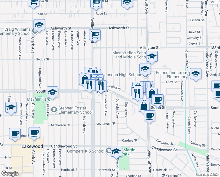 map of restaurants, bars, coffee shops, grocery stores, and more near 5631 Rocket Street in Lakewood