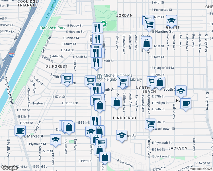map of restaurants, bars, coffee shops, grocery stores, and more near 5840 Lime Avenue in Long Beach