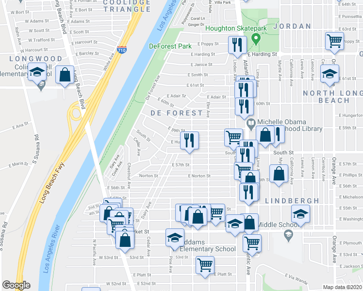 map of restaurants, bars, coffee shops, grocery stores, and more near 217 East Hullett Street in Long Beach