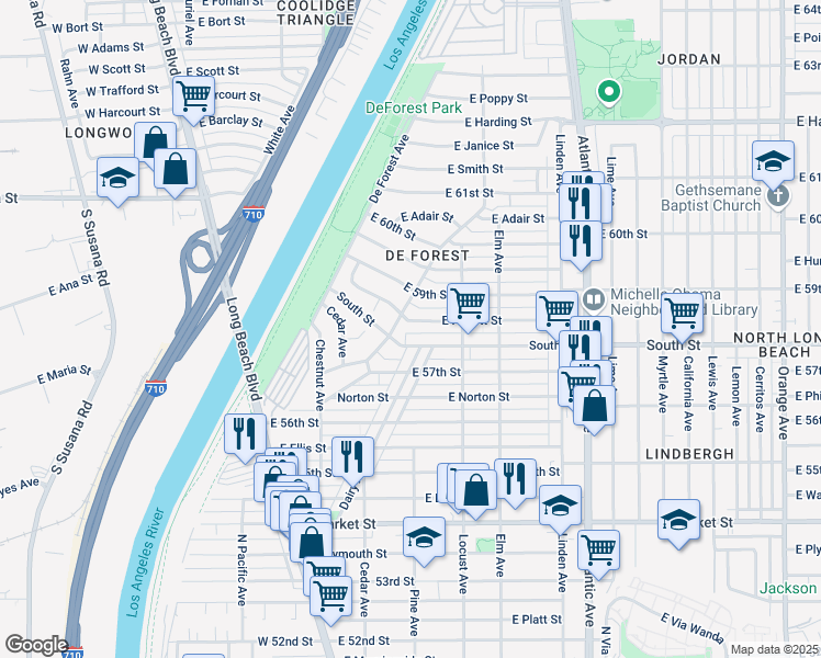 map of restaurants, bars, coffee shops, grocery stores, and more near 174 East Hullett Street in Long Beach