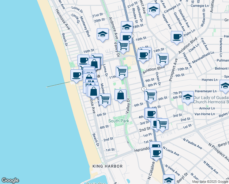 map of restaurants, bars, coffee shops, grocery stores, and more near 936 Loma Drive in Hermosa Beach