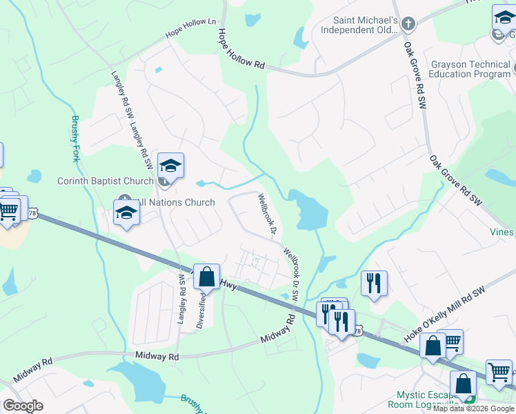 map of restaurants, bars, coffee shops, grocery stores, and more near 3065 Wellbrook Drive in Loganville