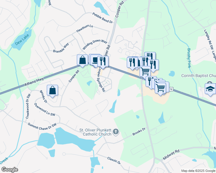 map of restaurants, bars, coffee shops, grocery stores, and more near 1107 Lossie Lane in Grayson