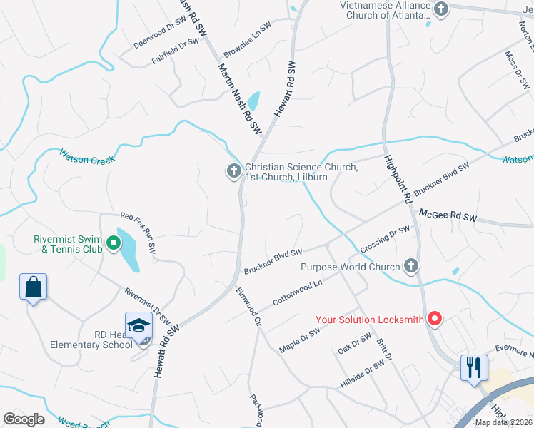 map of restaurants, bars, coffee shops, grocery stores, and more near 1698 Hewatt Road Southwest in Lilburn